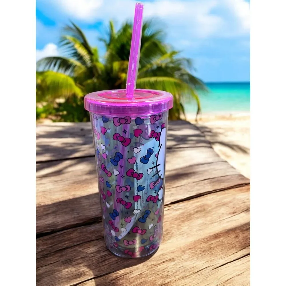 Hello Kitty Cup‎ Tumbler Pink & Blue Bows Hearts Pink Straw NEW Blue outfit